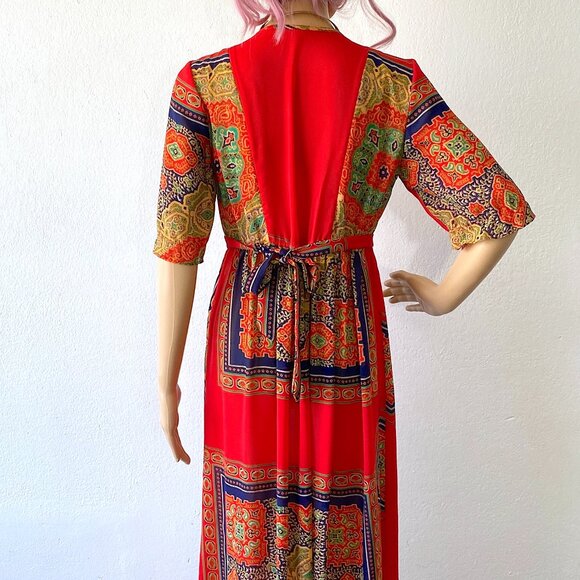 Long Red Bohemian Dress Summer Hippie Multicolored Maxi Dress Tie Back Dress - Picture 4 of 10
